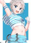  anastasia_(idolmaster) arm_up armband armpits blue_eyes blush commentary_request crop_top gloves idolmaster idolmaster_cinderella_girls looking_at_viewer midriff navel open_mouth pettan_p short_hair silver_hair smile solo striped_clothes sweat white_gloves 