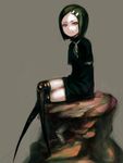  amputee armless black_hair female hair_clip hair_ornament hairclip legs_crossed looking_at_viewer original prosthesis quadruple_amputee short_hair simple_background sitting smile solo sugimoto_gang zettai_ryouiki 