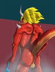 anthro anus balls biceps bigtacodragon butt dragon drum_(buddyfight) future_card_buddyfight hair hand_on_butt horn male manly muscular nude presenting presenting_hindquarters solo standing 