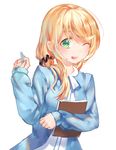  :d ;d azomo bangs blonde_hair blue_coat blush book book_hug chalk dress ellen_baker green_eyes hair_ornament hair_scrunchie hand_up highres holding holding_book long_hair long_sleeves looking_at_viewer low_ponytail new_horizon one_eye_closed one_eye_covered open_mouth scrunchie simple_background smile solo white_background white_dress 