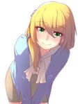  absurdres blonde_hair blush ellen_baker green_eyes highres long_hair looking_at_viewer low_ponytail nas_(z666ful) new_horizon scrunchie simple_background smile solo white_background 