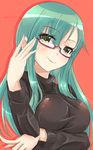  bangs bespectacled breast_lift breasts eyebrows eyebrows_visible_through_hair eyes_visible_through_hair glasses kantai_collection large_breasts long_hair long_sleeves looking_at_viewer lzd nail_polish red_background semi-rimless_eyewear smile solo suzuya_(kantai_collection) sweater under-rim_eyewear upper_body yellow_eyes 