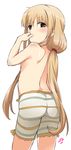  ass bike_shorts blonde_hair blush brown_eyes convenient_arm flat_chest from_behind futaba_anzu idolmaster idolmaster_cinderella_girls long_hair looking_back shift_(waage) shorts simple_background solo topless twintails underwear very_long_hair 
