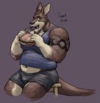  anthro athletic biceps big_muscles captaingerbear clothed clothing facial_hair fur hair kangaroo luxordtimet male mammal marsupial muscular muscular_male open_mouth ozzy_(character) pecs sandwich shirt shorts smile solo tank_top tattoo 