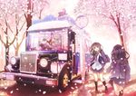  2girls car cherry_blossoms furai original seifuku skirt teddy_bear tie tree 