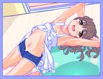  aoi_kumiko armpits arms_up ball bare_legs bare_shoulders blush brown_eyes brown_hair exercise_ball flat_chest hair_ornament hair_ribbon long_hair looking_at_viewer lying navel on_back open_mouth original ribbon ribs short_shorts shorts sketch solo two_side_up 