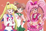  bishoujo_senshi_sailor_moon bishoujo_senshi_sailor_moon_crystal blonde_hair blue_eyes blue_sailor_collar brown_hair cat choker company_connection cure_melody earrings gloves green_choker green_eyes green_sailor_collar hair_bobbles hair_ornament hair_ribbon hand_on_hip heart heart_earrings houjou_hibiki hummy_(suite_precure) jewelry kino_makoto koshimizu_ami midriff mitsuishi_kotono multiple_girls one_eye_closed onomekaman open_mouth pink_hair ponytail precure red_choker ribbon sailor_collar sailor_jupiter sailor_moon sailor_senshi sailor_senshi_uniform school_uniform seiyuu_connection serafuku simple_background star star_earrings suite_precure tiara touei tsukino_usagi twintails 