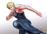  artist_name blonde_hair blue_eyes denim fighting_stance gradient gradient_background jacky_bryant jeans kicking male_focus muscle pants pectorals pink_devil revision ribs signature solo standing standing_on_one_leg tank_top veins virtua_fighter 