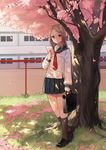  bag black_legwear brown_eyes brown_hair cherry_blossoms highres kim_eb kneehighs letter long_hair love_letter original pleated_skirt school school_bag school_uniform serafuku skirt solo 