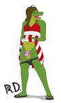  2016 alligator anthro balls blush chastity chastity_cage clothed clothing dr_zombie girly hair hi_res male penis reptile russie scalie simple_background solo teeth toes watermark 