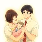  2boys baby baby_carry bad_id bad_pixiv_id black_hair boku_dake_ga_inai_machi brown_hair carrying closed_eyes family father_and_son hinazuki_kayo husband_and_wife mother_and_son multiple_boys necktie sasakura34 short_hair smile spoilers sugita_hiromi sugita_mirai 