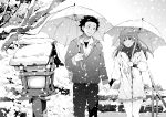  1boy 1girl azukiko black_eyes black_hair blush greyscale hand_holding hatching_(texture) holding holding_umbrella ishida_shouya jacket koe_no_katachi lamppost leaf looking_at_another medium_hair monochrome nishimiya_shouko railing scarf short_hair skirt smile snow snowing spiked_hair stairs tree umbrella walking 