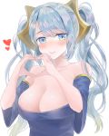  blue_eyes blue_hair blush breasts cleavage dress hair_ornament heart heart_hands highres large_breasts league_of_legends smile sona_buvelle twintails usagi_(3828164) 