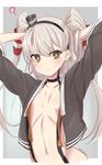  ? adjusting_hair amatsukaze_(kantai_collection) bangs blush brown_eyes choker eyebrows eyebrows_visible_through_hair hair_ornament hair_tubes hand_in_hair kantai_collection long_hair looking_at_viewer lzd navel open_clothes silver_hair solo stomach twitter_username two_side_up upper_body 