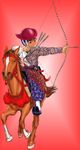  1boy arrow bow child hat horse japanese_clothes male_focus riding simple_background solo takenokoya weapon 