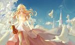  bird blonde_hair blue_eyes bow_(instrument) castle cloud day dove dress flying hair_ornament hairclip highres instrument long_hair luyang miyazono_kawori open_mouth shigatsu_wa_kimi_no_uso solo strap_slip tears violin white_dress 