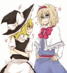  alice_margatroid anger_vein apron black_dress blonde_hair blue_dress blue_eyes capelet crossed_arms dress hairband hands_on_hips hat kirisame_marisa multiple_girls shaded_face touhou waist_apron witch_hat yellow_eyes yuuta_(monochrome) 