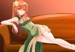  alternate_costume braid china_dress chinese_clothes couch detached_sleeves dress gradient gradient_background hair_ornament hasu_(lausdys) highres hong_meiling long_hair long_sleeves looking_at_viewer lying md5_mismatch no_hat no_headwear panties pantyshot parted_lips red_eyes red_hair solo star thighhighs touhou turtleneck twin_braids underwear white_legwear white_panties 