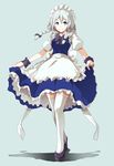  apron blue_eyes braid full_body hair_ribbon high_heels highres izayoi_sakuya maid maid_headdress mayonaka_taruho ribbon shadow silver_hair simple_background skirt skirt_lift smile solo standing thighhighs touhou twin_braids waist_apron white_legwear wrist_cuffs zettai_ryouiki 