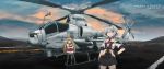  2girls aircraft arm_warmers bangs black_gloves black_legwear blonde_hair cloud commentary crossed_arms english_commentary girls_frontline gloves headband helicopter highres holster holstered_weapon long_hair m9_(girls_frontline) multiple_girls necktie pantyhose persocon93 road short_hair silver_hair sky sleeveless vector_(girls_frontline) 