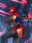  black_legwear bow breasts cape covered_nipples elbow_gloves fingerless_gloves gloves hair_bow hidden_mouth highres large_breasts laser melon22 miniskirt red_eyes red_hair see-through sekibanki sideboob skirt solo thighhighs thighs touhou willow 