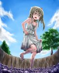  bare_shoulders barefoot brown_hair cloud day dirty_feet dress flat_chest food fruit grape_stomping grapes green_eyes long_hair morgan_(adfx01f) one_side_up original sky smile solo tree 