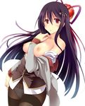  bare_shoulders between_breasts black_hair black_legwear breasts clothes_down crotch_seam dutch_angle flower hair_flower hair_ornament hair_ribbon hairpin hand_on_own_chest kasumi_(shironeko_project) large_breasts long_hair long_sleeves looking_at_viewer nipples no_pants panties panties_under_pantyhose pantyhose red_eyes ribbon shironeko_project solo theta_(ponkotsu_works) thighband_pantyhose underwear 