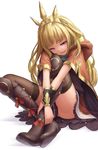  black_footwear black_legwear blonde_hair boots bracelet cagliostro_(granblue_fantasy) capelet crown granblue_fantasy highres indian_style jewelry knee_boots kurione_(zassou) leg_hug long_hair looking_at_viewer pink_eyes red_capelet shirt sitting skirt solo thighhighs very_long_hair 