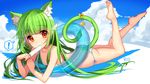  1girl :3 animal_ears animal_print artist_name ass bangs barefoot bikini bison_cangshu blue_sky blunt_bangs bow breasts cat_ears cat_print cat_tail cloud day eyebrows eyebrows_visible_through_hair feet food full_body green_bikini green_hair hair_ornament highres holding holding_food innertube legs_up long_hair lying moegirlpedia-tan on_stomach os-tan popsicle red_eyes side-tie_bikini signature sky small_breasts solo spoken_exclamation_mark string_bikini striped striped_bikini summer sweat swimsuit tail tail_bow the_pose transparent very_long_hair yellow_bow 
