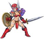  armor bikini_armor blue_eyes boots breasts dragon_quest dragon_quest_iii elbow_gloves full_body gloves helmet highres kisuu long_hair medium_breasts muscle muscular_female purple_hair red_armor shield soldier_(dq3) solo sword transparent_background weapon winged_helmet 