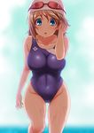  :o ass_visible_through_thighs bangs bare_shoulders blue_eyes blue_swimsuit blurry blush breasts brown_hair competition_swimsuit covered_navel depth_of_field dripping goggles goggles_on_head gradient gradient_background groin hair_between_eyes hair_tucking hand_in_hair highres large_breasts looking_at_viewer love_live! love_live!_sunshine!! one-piece_swimsuit shimashima_salmon skin_tight solo swim_cap swimsuit thigh_gap watanabe_you water wet wet_hair 