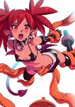  1girl blush breasts demon_girl demon_tail disgaea erect_nipples etna imminent_rape makai_senki_disgaea nippon_ichi open_mouth pointy_ears red_eyes red_hair restrained skirt_pull skull_earrings slime small_breasts tentacle twintails typo_(requiemdusk) 