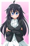  ahoge black_hair blue_eyes blush commentary_request crossed_arms long_hair netoge_no_yome_wa_onna_no_ko_janai_to_omotta? shishinon solo tamaki_ako 