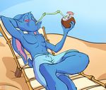  alcohol anthro barefoot beach beverage blackjack_o&#039;hare chaise_lounge clothed clothing coconut crossed_legs drinking food front_view fruit half-closed_eyes lagomorph male mammal navel rabbit reclining red-9 seaside signature solo straw swimming_trunks swimsuit topless 