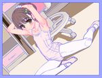  adjusting_hair aoi_kumiko armpits arms_behind_head arms_up ballerina ballet_slippers bare_shoulders blush brown_eyes brown_hair collarbone flat_chest hair_ornament hair_ribbon leotard long_hair looking_at_viewer original pantyhose ponytail ribbon sitting sketch sleeveless smile solo spread_legs white_legwear 