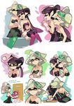  2girls aori_(splatoon) arm_support black_dress black_hair black_jumpsuit brown_eyes closed_mouth commentary cousins crossed_arms crying crying_with_eyes_open detached_collar domino_mask dress earrings food food_on_head gloves green_legwear grey_hair highres holding hotaru_(splatoon) jewelry laughing light_smile long_hair looking_at_another mask multiple_girls object_on_head one_eye_closed open_mouth pantyhose purple_legwear saliva short_dress short_hair short_jumpsuit side-by-side sitting sleeping smile splatoon_(series) standing strapless strapless_dress tears toothache white_gloves wong_ying_chee 