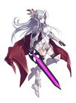  absurdres armor armored_boots black_legwear blue_hair boots breasts cape chain covered_nipples earrings elf feathers full_body hair_feathers highres jewelry large_breasts leotard long_hair looking_at_viewer maruchi original pointy_ears shoulder_pads solo sword thighhighs weapon 