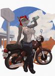  2016 5_fingers anthro big_breasts bottle breasts clothed clothing ear_piercing female fish green_eyes grey_nipples grey_skin hair hi_res leaning marine motorcycle multiple_piercings navel neracoda nipples non-mammal_breasts outside piercing red_hair shark standing tattoo wet 
