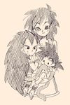  armored_dress artist_request baby beige_background biting blush boots brothers child commentary_request dragon_ball dragon_ball_z gine greyscale hatching_(texture) holding long_hair monochrome mother_and_son pixiv raditz saiyan siblings simple_background smile son_gokuu spiked_hair sweat tail upper_body very_long_hair wide-eyed 