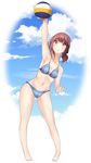  :o armpits arms_up beach_volleyball bikini breasts brown_eyes brown_hair cleavage cloud day harukana_receive highres long_hair low_ponytail medium_breasts navel numpopo o-ring o-ring_bottom oozora_haruka_(harukana_receive) plaid plaid_bikini ponytail shiny shiny_skin solo swimsuit volleyball 