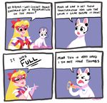 1girl 2016 4koma :d :t aino_minako animal artemis_(sailor_moon) artist_name bare_shoulders bishoujo_senshi_sailor_moon blonde_hair bow brooch cassidy_stone cat comic commentary dated elbow_gloves english fangs gem gloves headset jewelry long_hair open_mouth pointy_ears pun purple_background red_bow round_teeth sailor_senshi_uniform sailor_v shirt simple_background smile speech_bubble talking teeth text_focus upper_body very_long_hair white_gloves white_shirt 