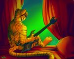  2015 anthro bed faust_tigre feline fur green_eyes guitar looking_back male mammal musical_instrument nude orange_fur pillow rokemi sitting solo striped_fur stripes tiger whiskers 