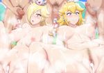  2girls 3boys absurdres aftersex areolae blonde_hair blue_eyes blush breasts censored cleft_of_venus crown cum cum_in_pussy cum_on_breasts cum_on_hair cum_on_upper_body cumdrip earrings erection facial hair_over_one_eye happy highres large_breasts legs long_hair looking_at_viewer looking_away male_pubic_hair mosaic_censoring mound_of_venus multiple_boys multiple_girls navel nintendo nipples nude orgy parted_lips penis princess_peach pubic_hair pussy rosetta_(mario) shaved shaved_pussy shiny shiny_hair shiny_skin sitting smile spread_legs standing super_mario_bros. super_mario_galaxy super_smash_bros. sweat thighs umayahara0130 wavy_hair 