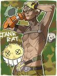  blonde_hair commentary downscaled eyebrows hands_on_own_head harness junkrat_(overwatch) male_focus md5_mismatch mechanical_arm muscle overwatch resized solo thick_eyebrows tongue tongue_out typo yellow_eyes 