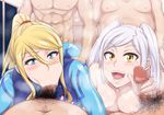  2girls 4boys absurdres areolae bent_over blonde_hair blue_eyes blush breasts censored cheek_bulge clothed_female_nude_female clothed_female_nude_male eyebrows eyebrows_visible_through_hair fellatio fire_emblem gangbang group_sex handjob highres indoors large_breasts long_hair looking_at_viewer male_pubic_hair metroid mosaic_censoring multiple_boys multiple_girls my_unit nipples nude open_mouth oral orgy penis ponytail pubic_hair robin samus_aran sex super_smash_bros. sweat twintails umayahara0130 vaginal white_hair yellow_eyes zero_suit 