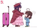  2girls :3 ? ahoge alternate_costume artist_logo brown_hair commentary_request dated hand_on_another&#039;s_head hat highres hood hood_down hooded_jacket jacket kanon_(kurogane_knights) kantai_collection long_hair luggage multiple_girls petting purple_hair rolling_suitcase ryuuhou_(kantai_collection) shigure_(kantai_collection) simple_background slippers smile speech_bubble spoken_question_mark squatting taigei_(kantai_collection) white_background younger 