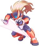  android armor bad_id bad_tumblr_id blonde_hair bodysuit crimsonracer energy_sword fighting_stance full_body helmet highres long_hair male_focus omega_(rockman) red_eyes rockman rockman_zero solo subzerochimera sword weapon 