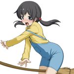  between_legs black_eyes black_hair blush broom broom_riding cameltoe flying_witch hair_bobbles hair_ornament highres kuramoto_chinatsu long_hair long_sleeves looking_at_viewer open_mouth overalls simple_background solo sweatdrop takeda_yukimura white_background 