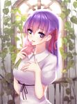  backlighting bangs black_ribbon blurry breast_suppress depth_of_field eyebrows eyebrows_visible_through_hair fate/stay_night fate_(series) flower hair_between_eyes hair_ribbon holding holding_flower light_particles long_hair looking_at_viewer mallizmora matou_sakura plant puffy_short_sleeves puffy_sleeves purple_eyes purple_hair red_lips red_ribbon ribbon short_sleeves solo upper_body vines 