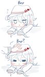  :&lt; =_= blush_stickers english hammer_and_sickle hand_on_headwear hat hibiki_(kantai_collection) highres jitome kantai_collection kvlen long_hair petting silver_eyes silver_hair solo_focus star verniy_(kantai_collection) 